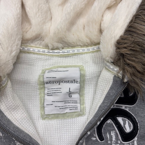 Y2K Aeropostale Grunge Faux Fur Thermal Lined Zip Up Hoodie Sz L - Picture 5 of 12